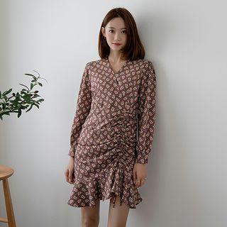 Drawstring Ruffled Patterned Midi Wrap Dress