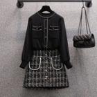 Contrast Trim Knit Top / Tweed Mini A-line Skirt