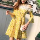 Lace Panel Cutout Shoulder 3/4-sleeve A-line Dress