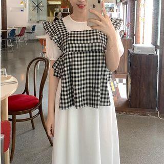 Ruffle-trim Drawstring Plaid Tank Top / Plain Dress