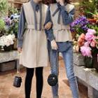Long-sleeve Ribbon Shirt / Frill Trim Vest / A-line Mini Dress / Set