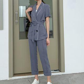 Set: Double Breasted Short-sleeve Shirt + Dress Pants