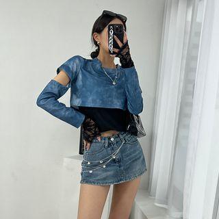 Set: Cutout-sleeve Dyed Crop Top + Camisole Top Blue - One Size