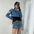 Set: Cutout-sleeve Dyed Crop Top + Camisole Top Blue - One Size