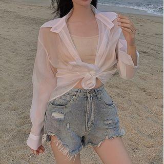 Sheer Asymmetric Long-sleeve Shirt