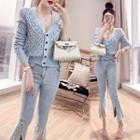 Set: Pointelle Knit Cardigan + Faux Pearl Boot-cut Jeans