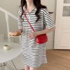 Elbow-sleeve Collar Striped Mini T-shirt Dress