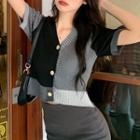Short-sleeve Color Block Cardigan Black & Gray - One Size