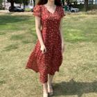Floral Short-sleeve Midi Chiffon Dress Red - One Size