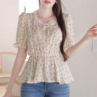 Tie-neck Laced Floral Peplum Blouse