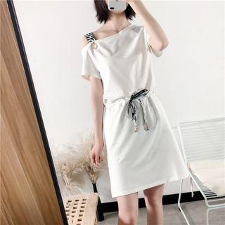 Cold Shoulder Drawstring Short-sleeve T-shirt Dress White - One Size