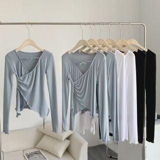 Long-sleeve V-neck Plain Slit Cropped T-shirt