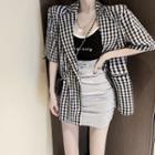 Elbow-sleeve Plaid Blazer / Spaghetti Strap Top / Mini Fitted Skirt