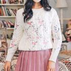 Floral Embroidered Cable Knit Sweater As Shown In Figure - One Size