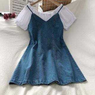 Set Of 2: Plain Short-sleeve Blouse + Denim Spaghetti Strap Dress