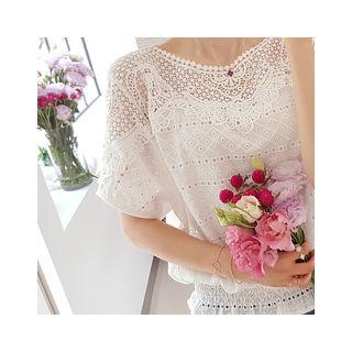 Dolman-sleeve Smocked-trim Lace Top