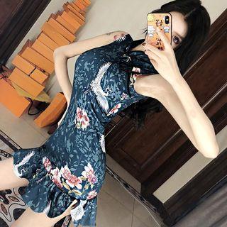 Sleeveless Crane Print Mini Sheath Qipao Dress