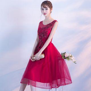 Flower Applique Sleeveless Midi Cocktail Dress