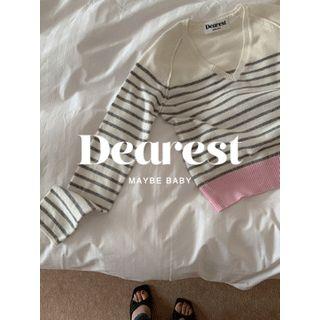 V-neck Striped Wool Blend Knit Top Pink - One Size