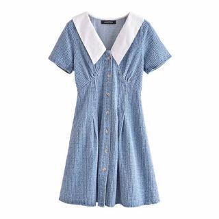 Short-sleeve Collared Denim Mini A-line Dress