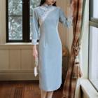 Long-sleeve Lace Trim Midi Qipao Dress