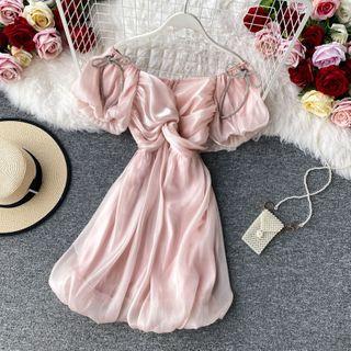 Bow-detail Knot Off-shoulder Mini Dress