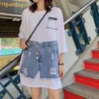 Mock Two-piece 3/4-sleeve Denim Paneled T-shirt Dress As Shown In Figure - One Size