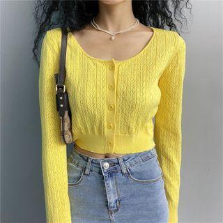 Eyelet Button-down Crop Knit Top Yellow - One Size