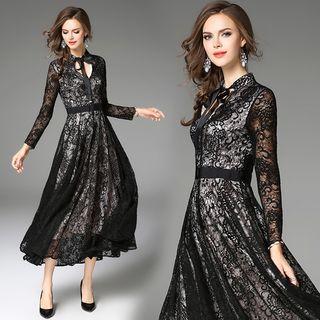 Bow-tied Gather-waist Lace Midi Dress