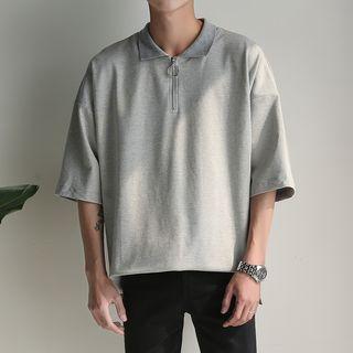 Zip Placket Elbow-sleeve Polo Shirt