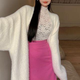 Long Sleeve Turtleneck Lace Trim See-through Top