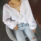 Puff Long-sleeve Lace-up Front Top