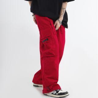 High-waist Drawstring Plain Cargo Pants