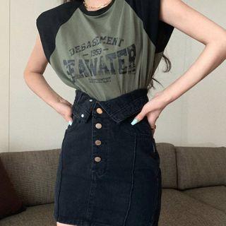 Short-sleeve Lettering T-shirt / High Waist Denim Mini Pencil Skirt