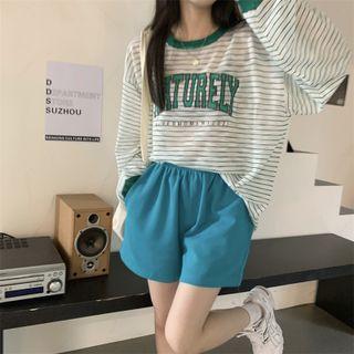 Round-neck Printed Letter Striped Oversize Top