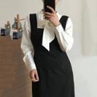 Long-sleeve Tie-neck Shirt / Midi Pinafore Dress