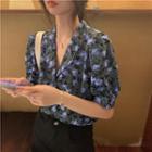 Elbow-sleeve Floral Print Blouse Floral - Blue - One Size