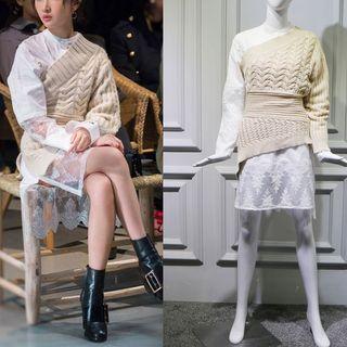 Set: Lace-panel Dress + One-shoulder Sweater