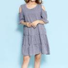 Elbow-sleeve Cutout-shoulder Gingham Tiered Dress