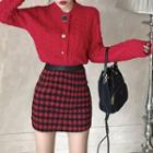 Cable Knit Cardigan / Houndstooth Mini Skirt