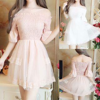 Elbow-sleeve Off-shoulder Smocked A-line Mini Dress