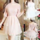Elbow-sleeve Off-shoulder Smocked A-line Mini Dress