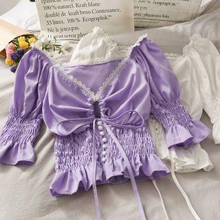 Details Lace-trim Smocked Crop Top