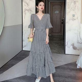 Gingham Elbow-sleeve A-line Maxi Dress As Shown In Figure - One Size