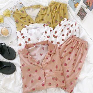 Set: Short-sleeve Fruit Print Shirt / Wide Leg Shorts
