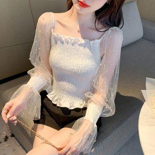 Square Neck Mesh Panel Blouse