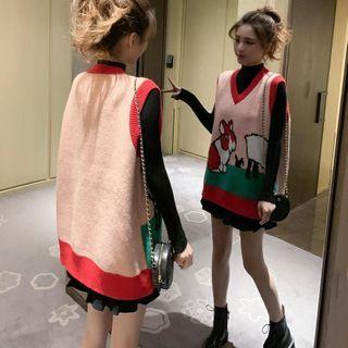Mock-turtleneck Knit Top / Rabbit Print Knit Vest