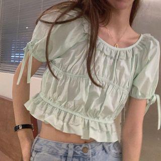 Lace Trim Shirred Cropped Blouse Green - One Size