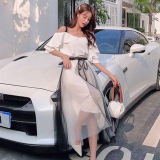 Set: Cold-shoulder Ruffled Top + Mesh Midi A-line Skirt