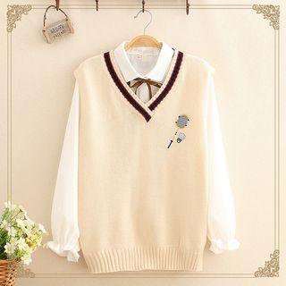 Set: Bow Shirt + Badminton Embroidered Knit Vest